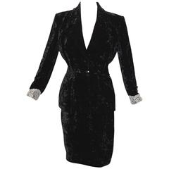 Rare Adolfo Saks Fifth Ave Black Silk Velvet Suit 2pc Jacket + Pencil Skirt 60s 4