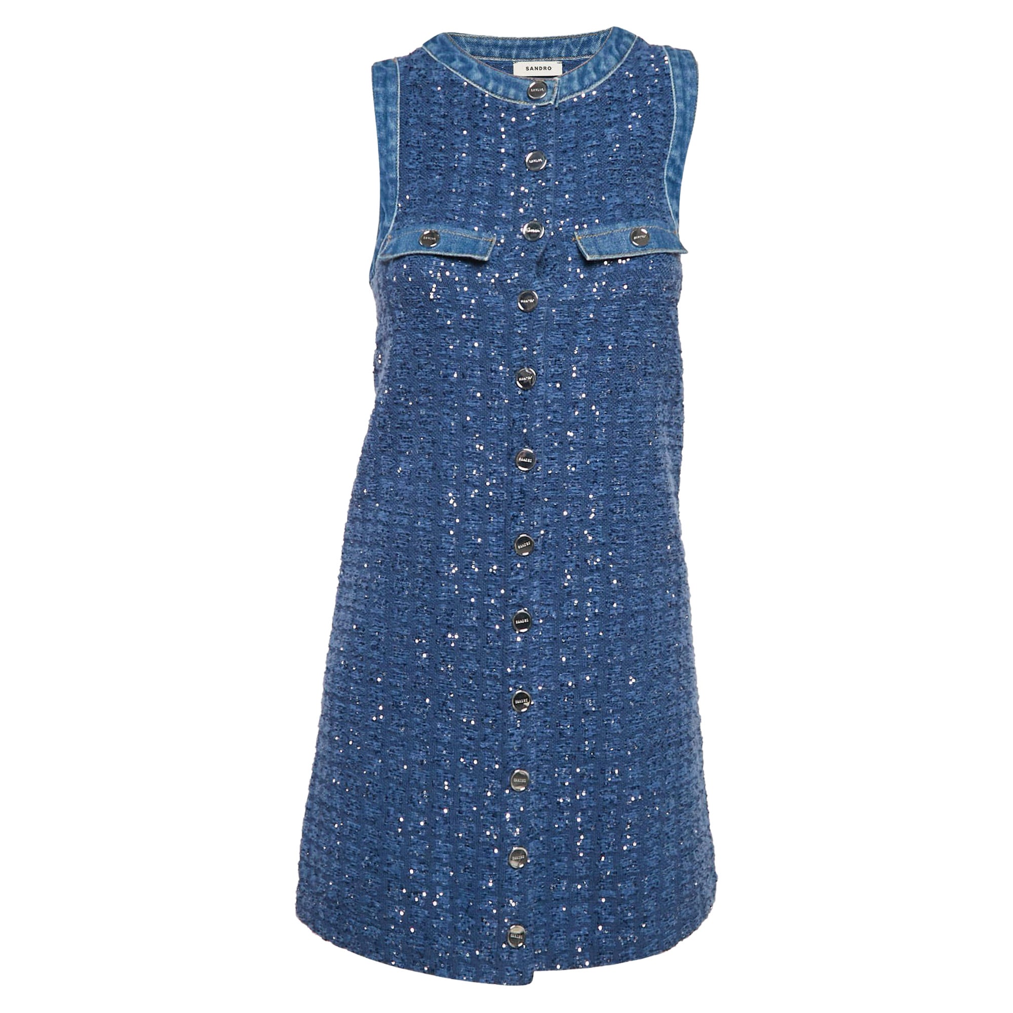 Sandro Blue Sequin Tweed Buttoned Trapeze Mini Dress XS For Sale