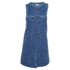 Sandro Blaues Pailletten-Tweed-Minikleid mit Knopfleiste aus Trapez XS