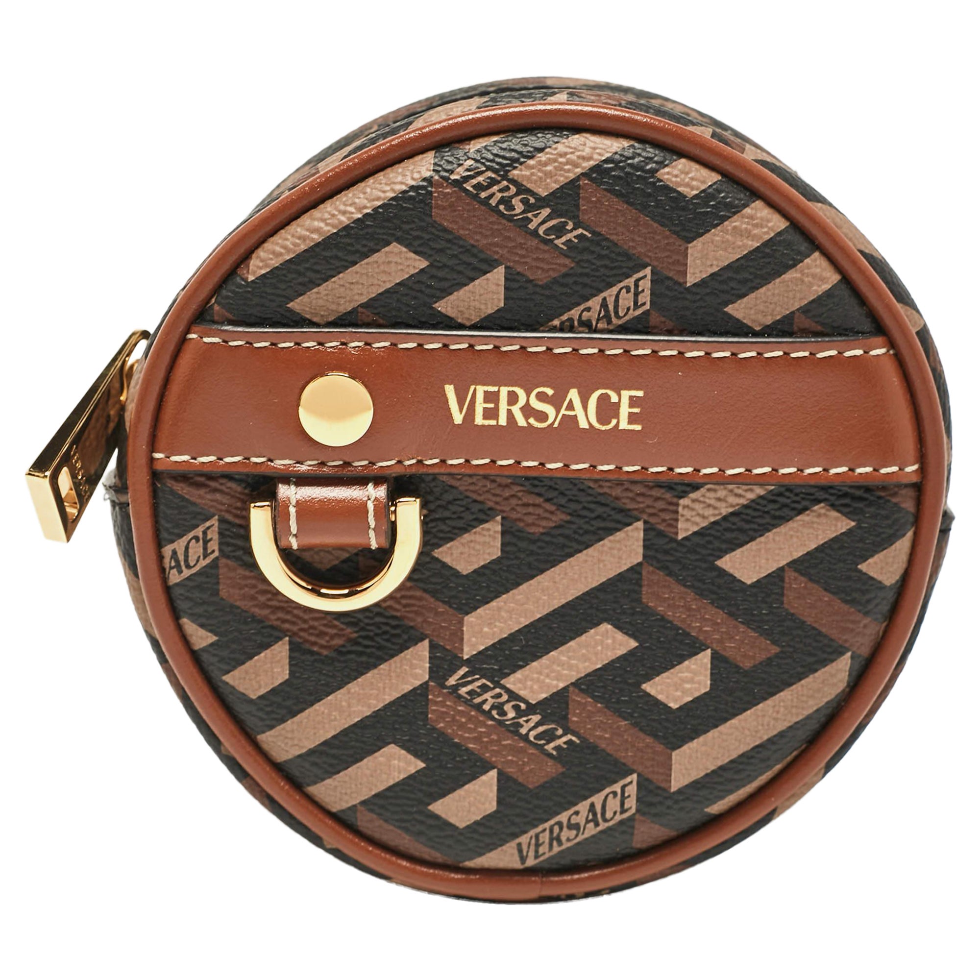 Versace Brown La Greca Signature Coated Canvas Modular Round Pouch