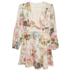 Zimmermann White Floral Print Linen Tiered Heathers Mini Dress M