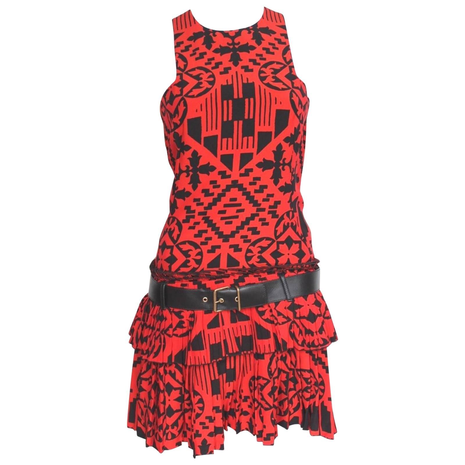 New Alexander McQueen Resort 2014 Red Print Pleated dress 38 uk 6-8  For Sale