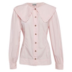 Ganni - Camicia con colletto a piatto in cotone rosa increspato XL