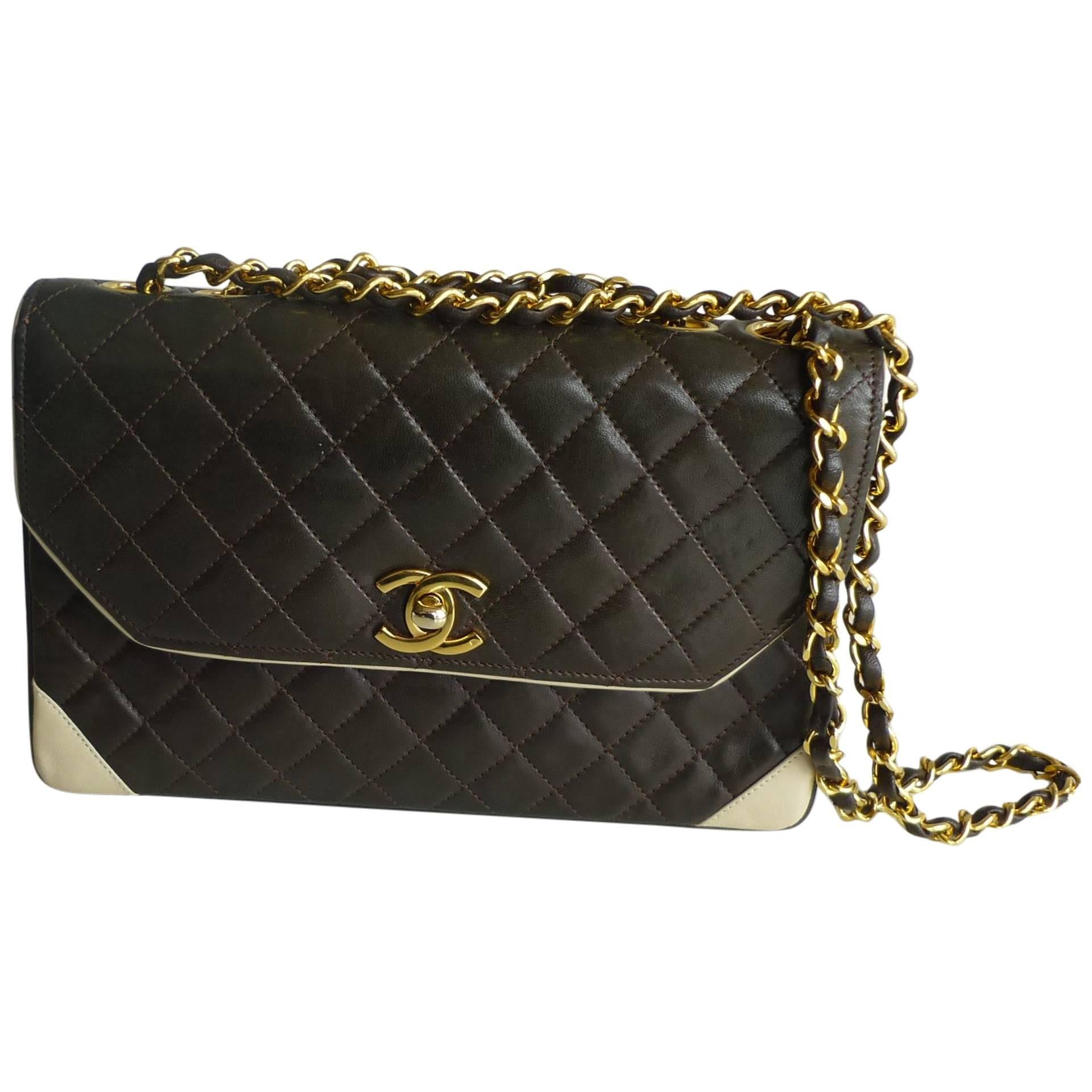 Beautiful Vintage Chanel two-tone (chocolate/beige) Flap Handbag