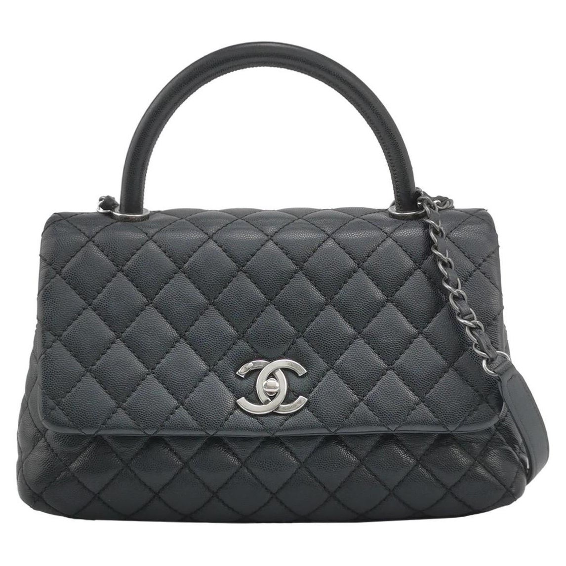 Coco Chanel Manico Medio in Pelle Caviale Nera Hardware Argento, 2016 in vendita