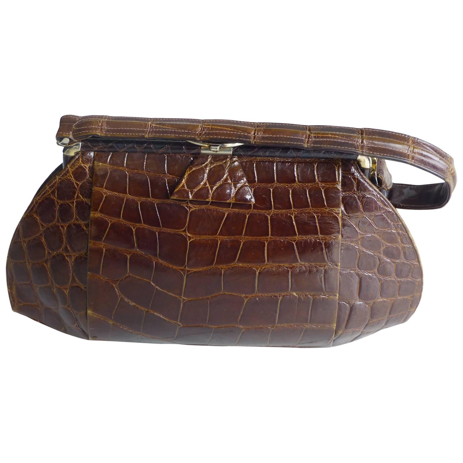Very Well Made 1950s Brown Crocodile Handbag