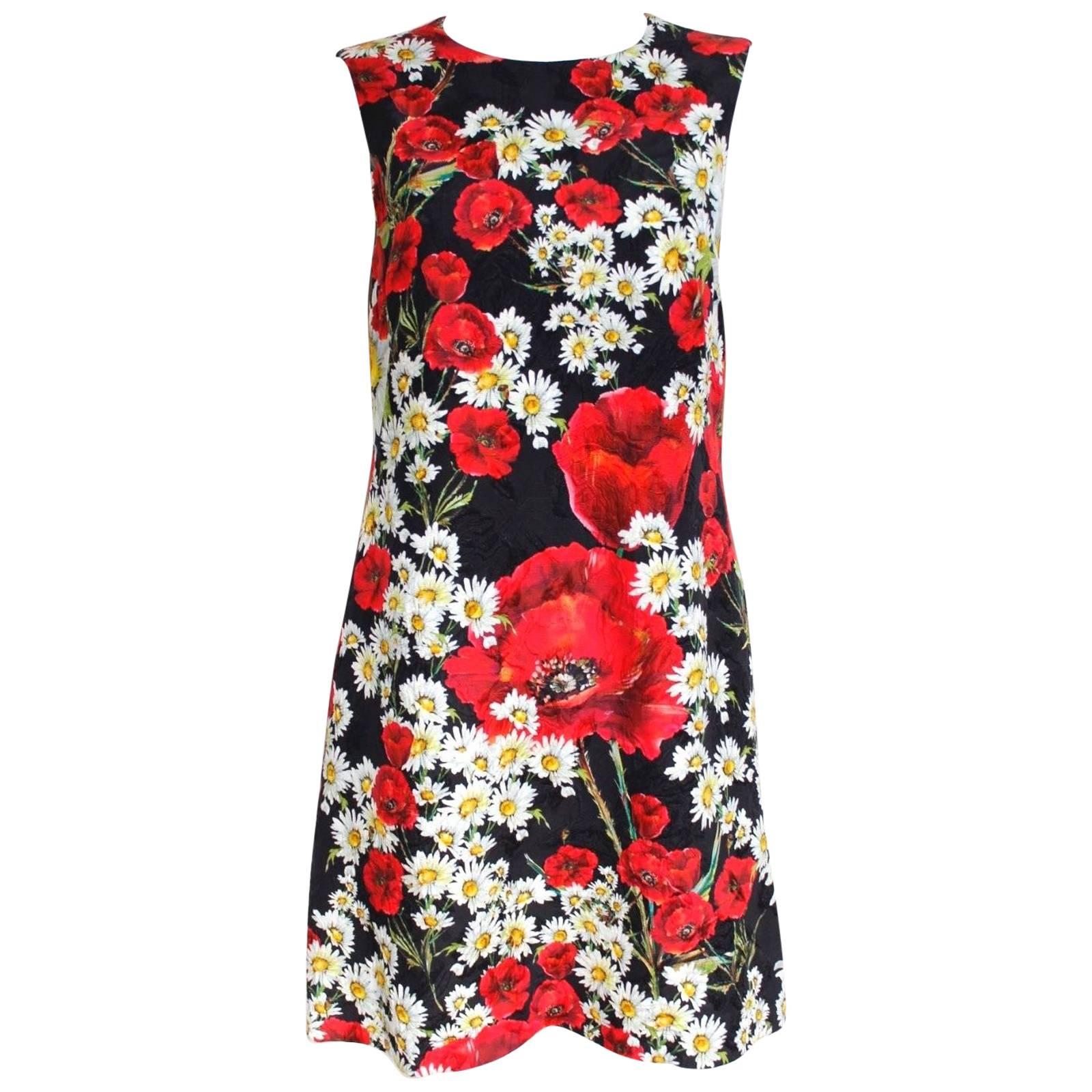 DOLCE & GABBANA 2016 Daisy and Poppy Print Shift Dress It 44 Uk 12  Black, red a For Sale
