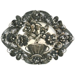 Victorian English Silver Filigree Basket Brooch