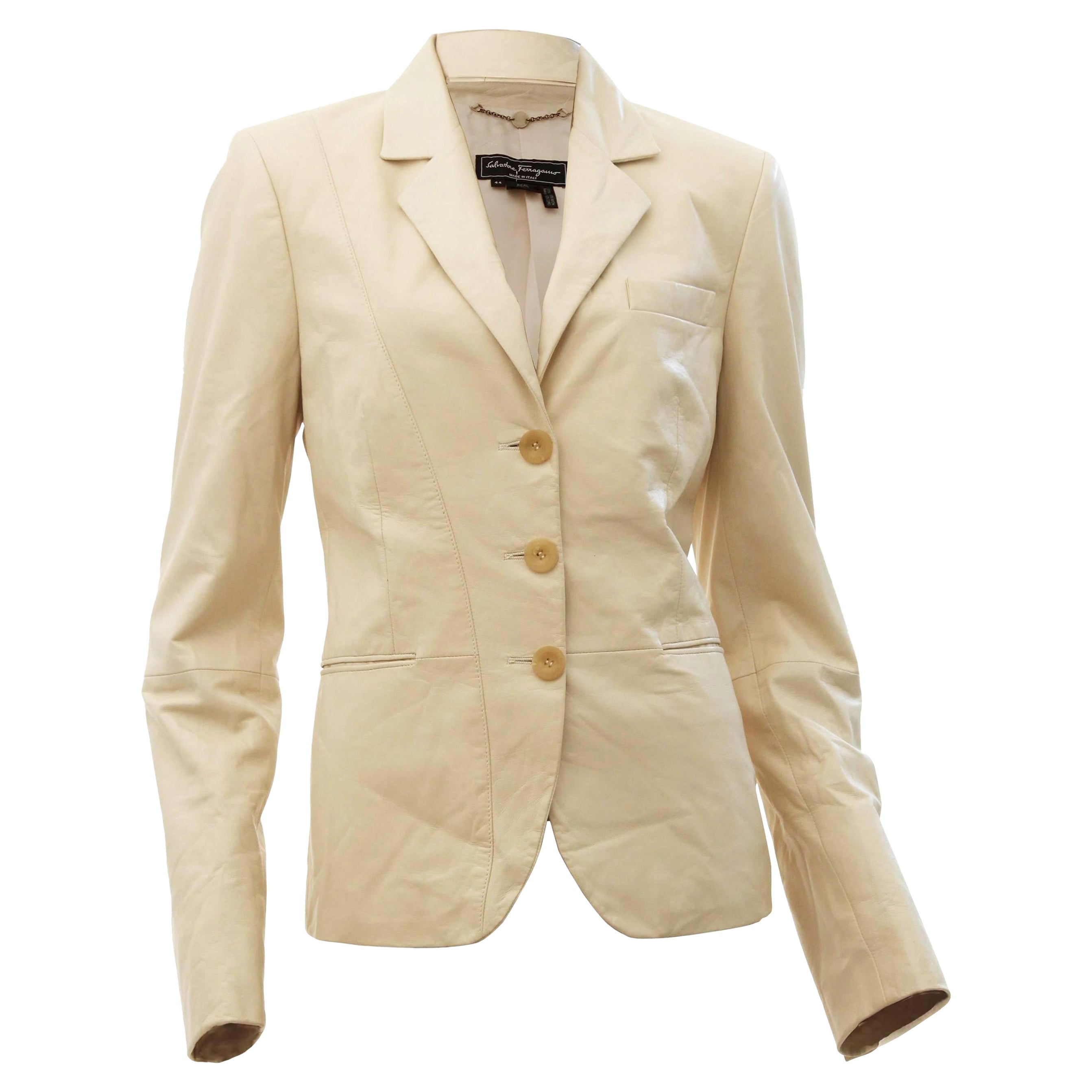 Salvatore Ferragamo Jacket Soft Leather Vanilla Cream Blazer Size 44 Italy For Sale