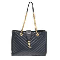 Saint Laurent Navy Blue Matelassé Leather Monogram Shopper Tote