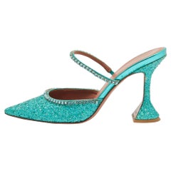 Amina Muaddi Teal Green Glitter Crystal Embellished Mules Size 38.5
