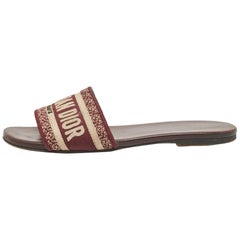 Dior Burgundy/Beige Embroidered Canvas Dway Flat Slides Size 37