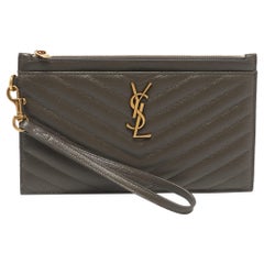 Saint Laurent Olive Green Matelassé Leather Large Cassandre Zip Pouch