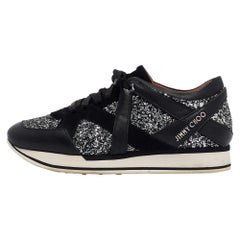 Jimmy Choo Black Glitter and Suede Low Top Sneakers 39