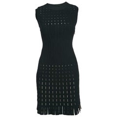 Alaia Black Stripe Stretch Knit Fringe Flared Mini Dress M
