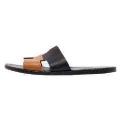 Hermes Black/Brown Leather Izmir Flat Slides Size 40.5