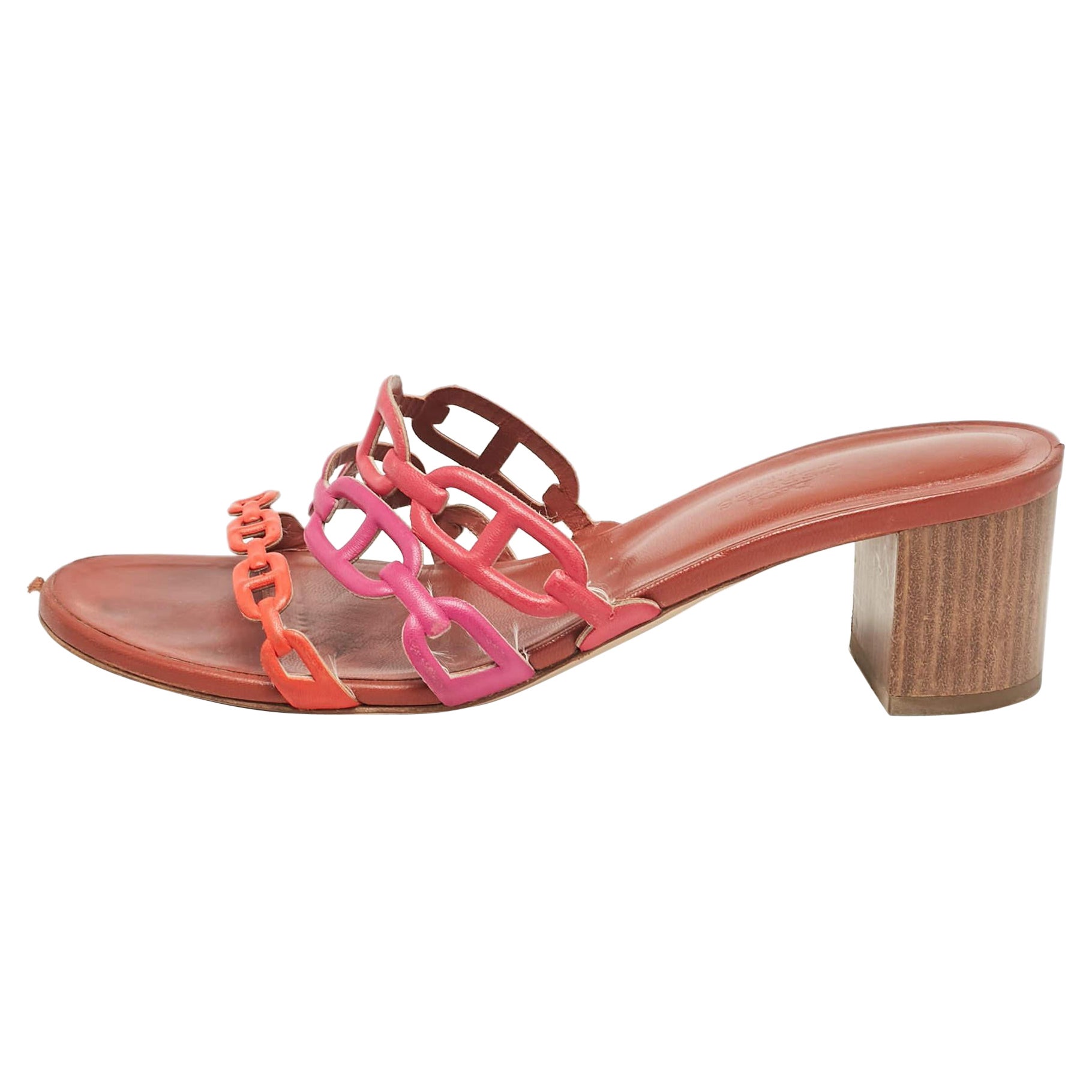 Hermes Chaine d'Ancre en cuir multicolore Block Heel Sandals Size 38.5