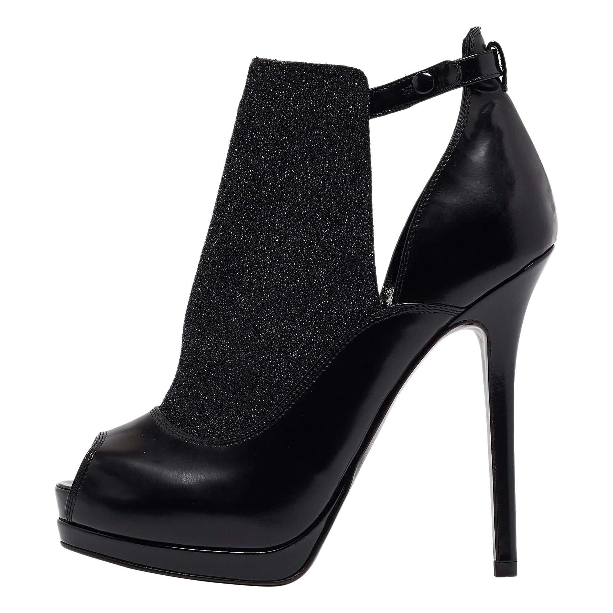 Fendi Black Leather and Glitter Peep Toe Platform Booties Size 38