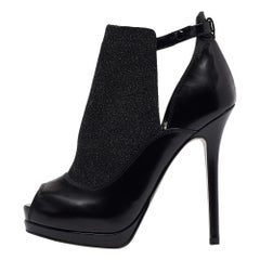 Fendi Schwarzes Leder und Glitter Peep Toe Plateau Stiefeletten Größe 38