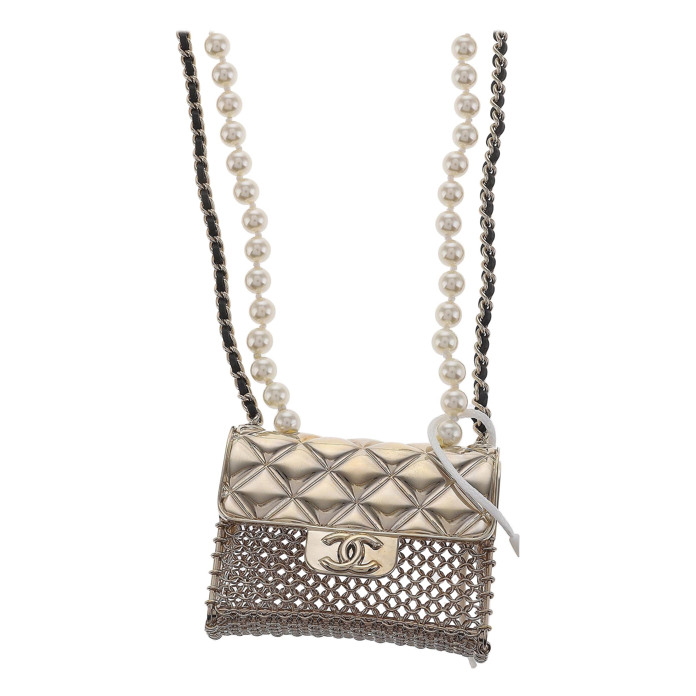 Chanel Micro Flap Bag Charm Chain Long Necklace with Matelasse and Pearl Chain For Sale