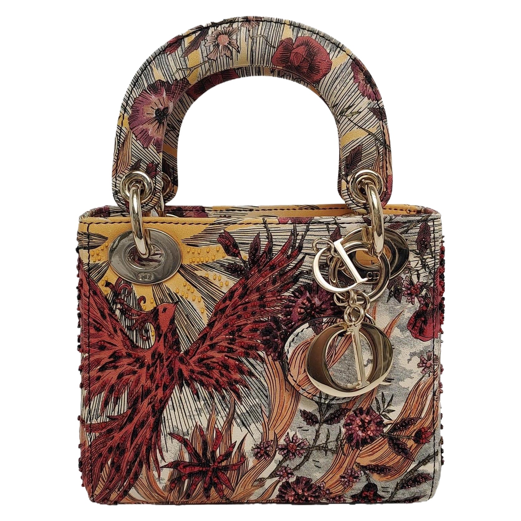 Lady Dior Mini Embroidered Phoenix Cloth Multicolor Handbag For Sale