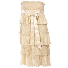 Tan Valentino Lace & Pleated Silk Dress