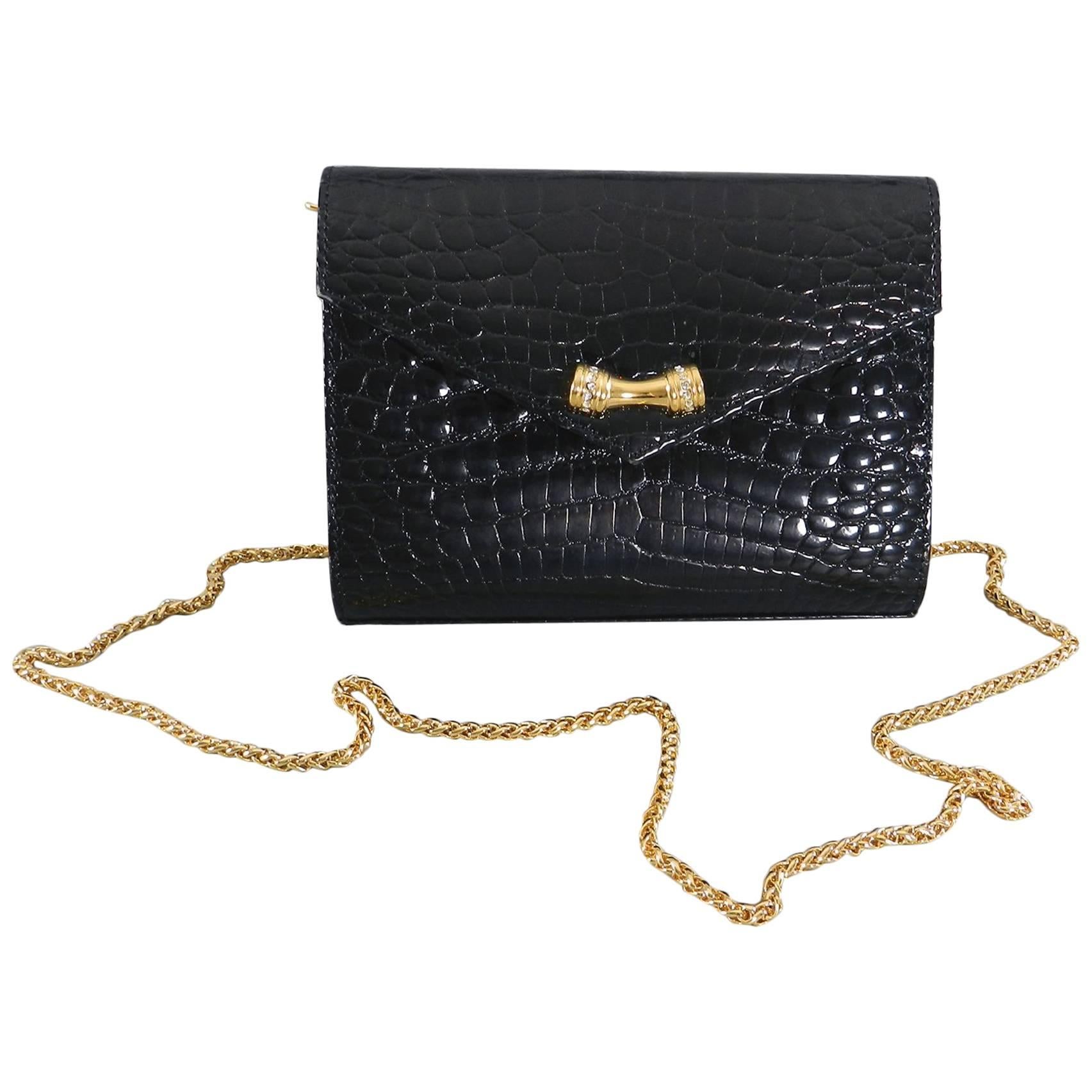 kwanpen Black Small Crocodile Evening bag with Gold chain For Sale