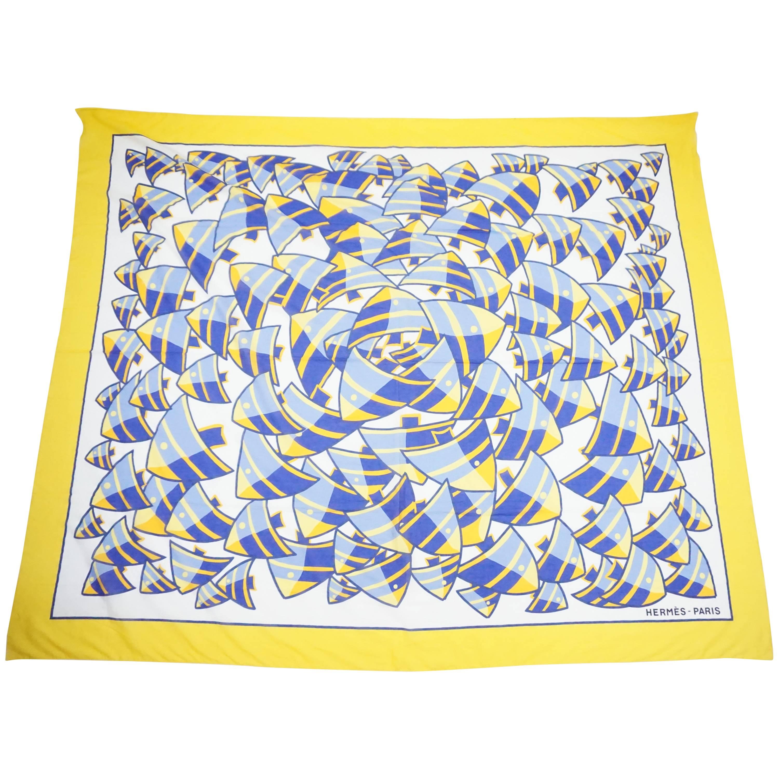 Hermes Blue and Yellow Fish Print Cotton Shawl and Pareo