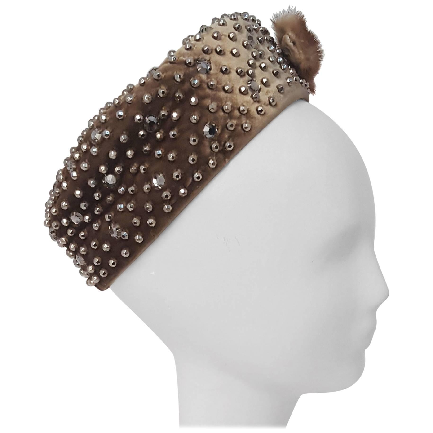 60s Hand Studded Pill Box Cocktail Hat with Mink Bow 