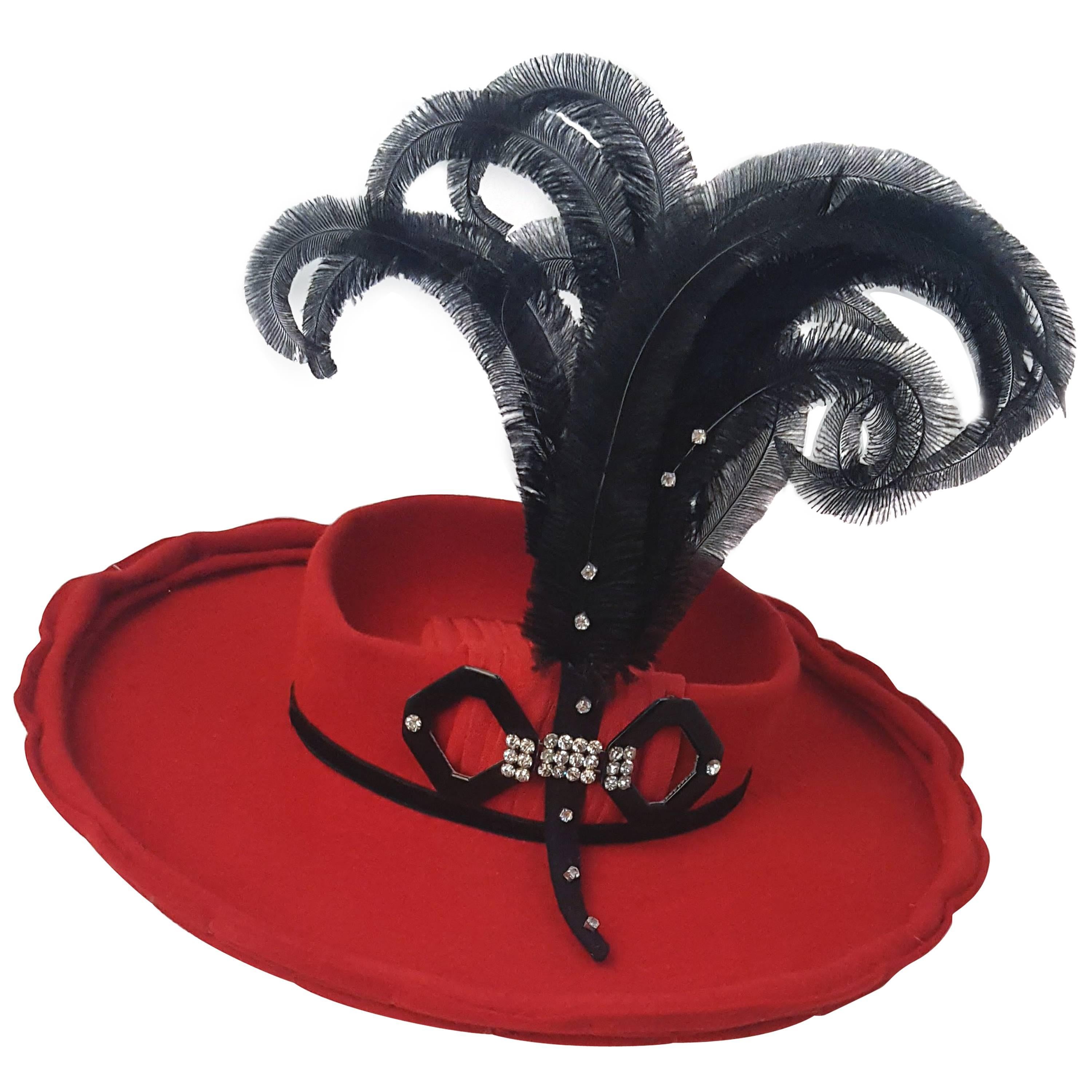 40s Red Felt Toy Fashion Hat with Hand Curled Feathers 