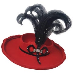 Vintage 40s Red Felt Toy Fashion Hat with Hand Curled Feathers 