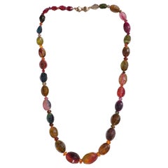 Genuine Pink Sapphire and Bio Tourmaline Beaded Yellow Gold Necklace