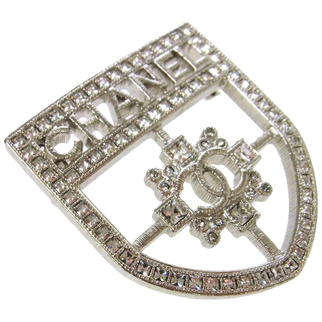 Chanel Rare CURRENT Silver Crystal Crest Shield Pendant Brooch in Box 