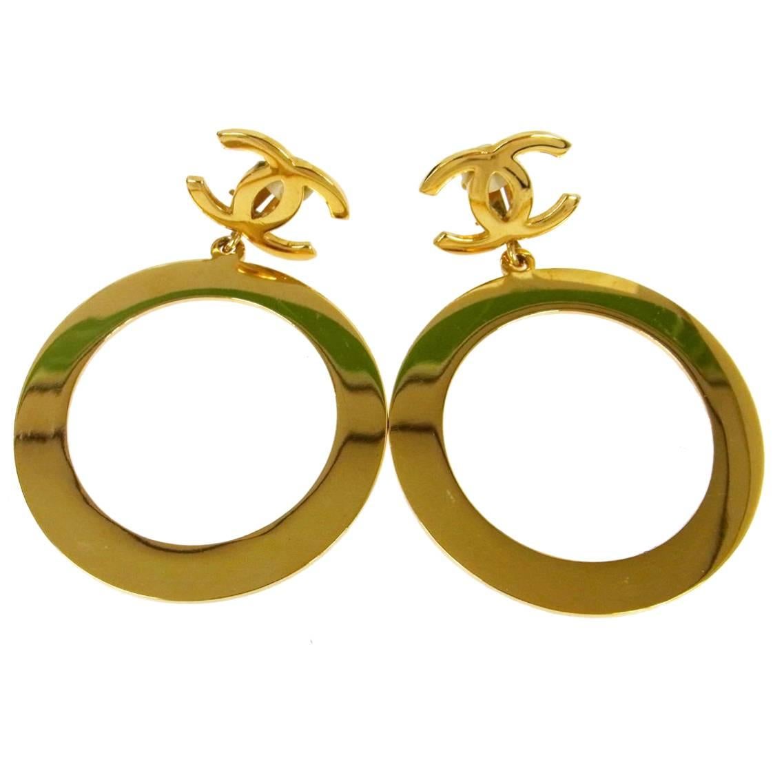 Chanel Rare Vintage Gold Charm Oversize Large Doorknocker Drape Drop Earrings 