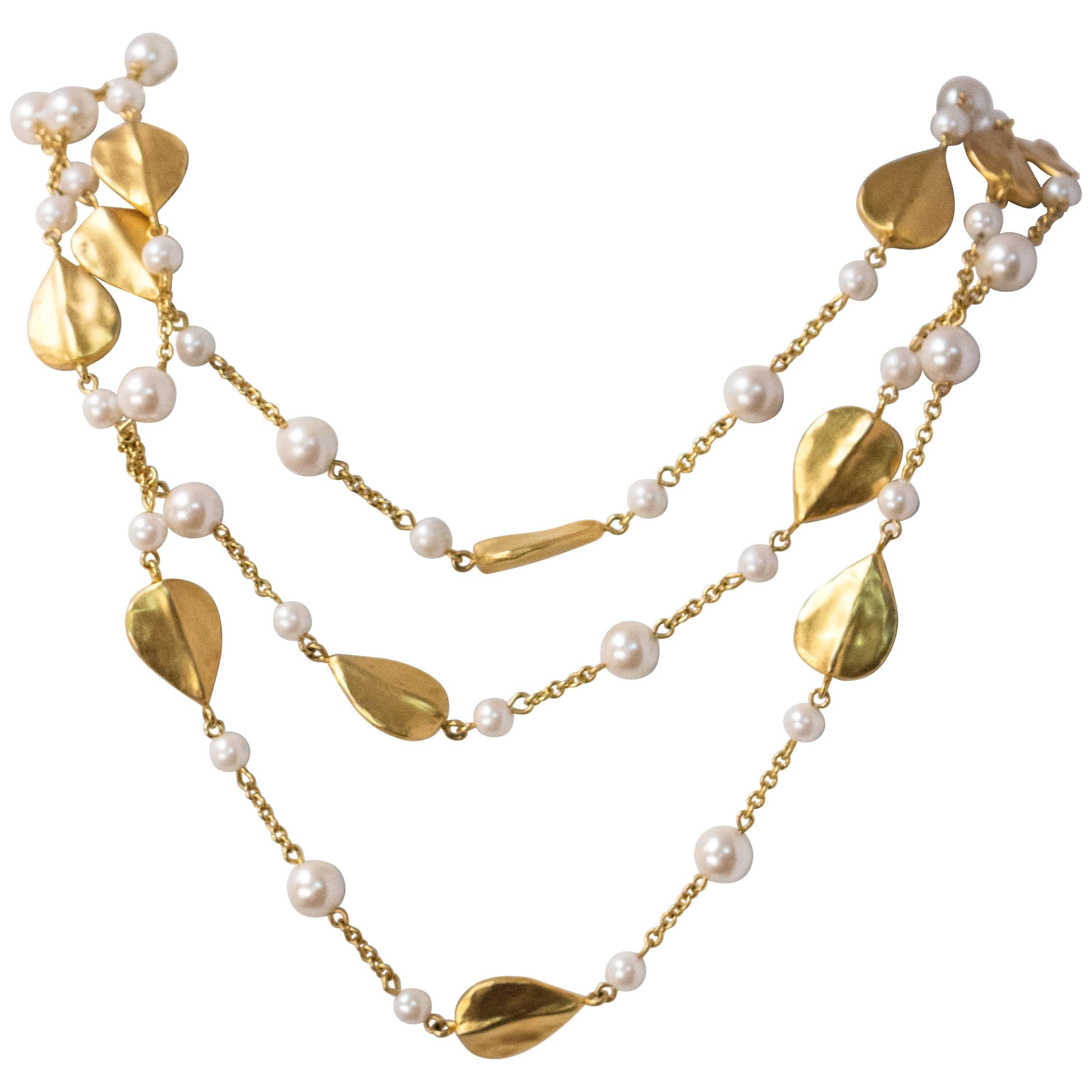 80s Givenchy Hammered Leaf & Faux Pearl Triple Chain Necklace 