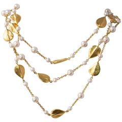 80s Givenchy Hammered Leaf & Faux Pearl Triple Chain Necklace 