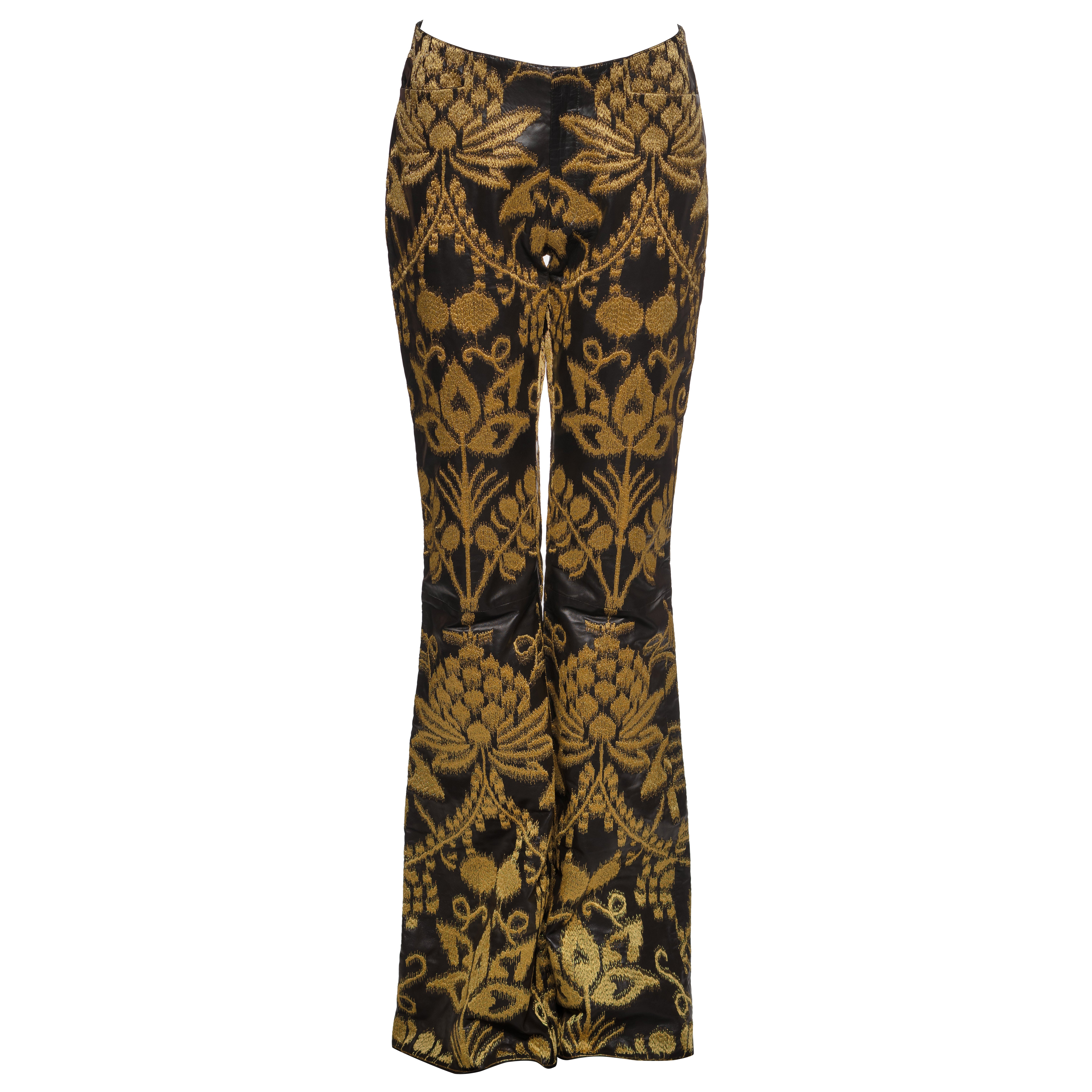 Gucci by Tom Ford Unisex Black and Gold Brocade Leather Trousers, SS 2000 For Sale