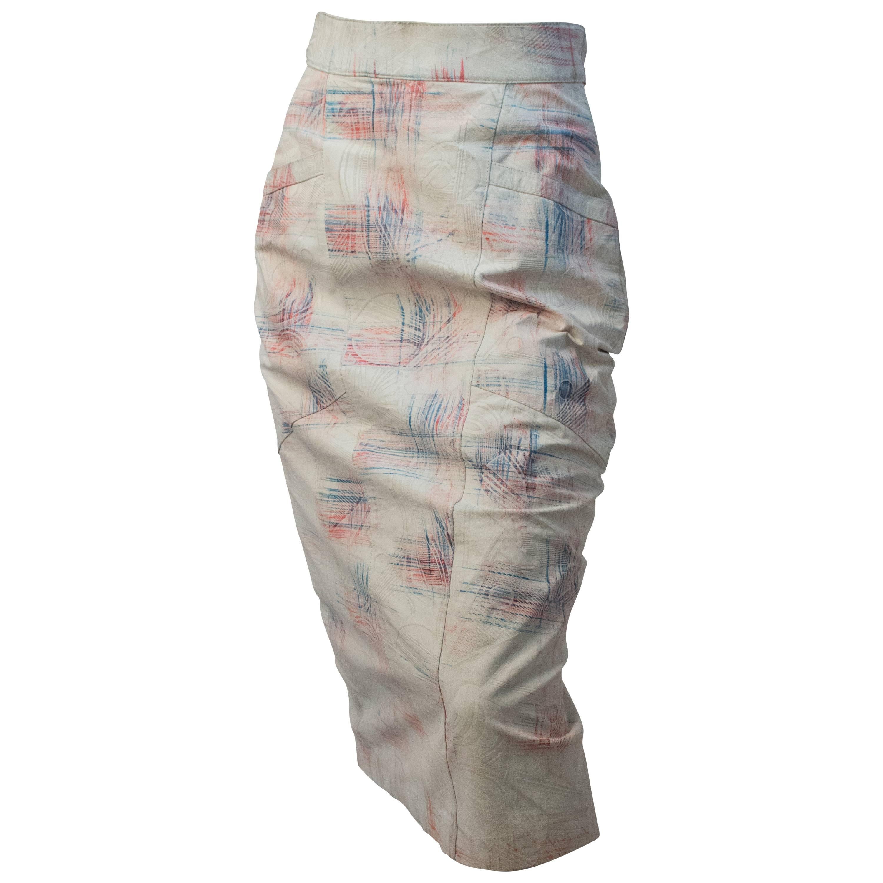 80s Pastel Abstract Leather Pencil Skirt