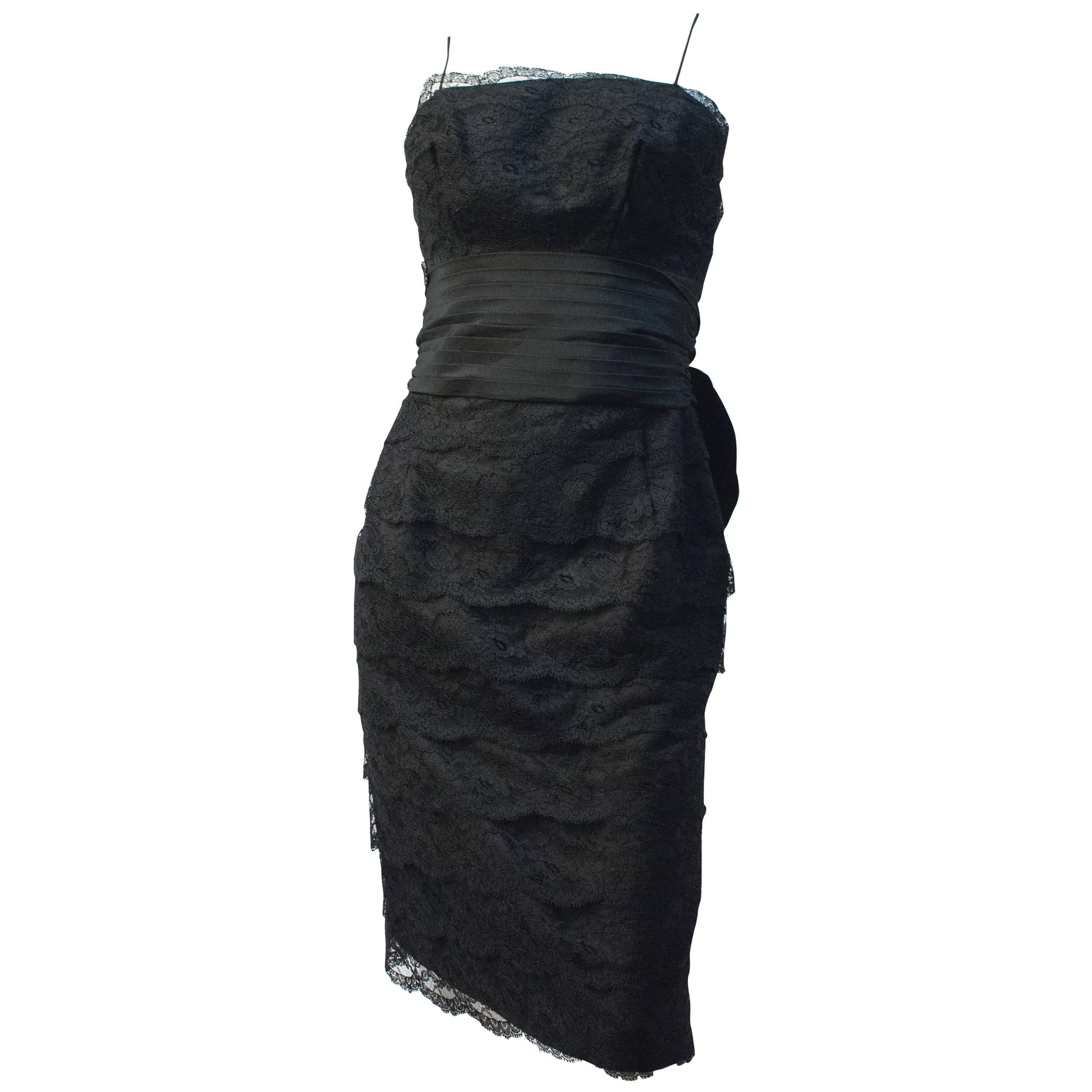 50s Black Lace Tiered Dress with Back Bow  For Sale