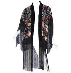 Hand Embroidered Kimono made from Vintage Chinese Shawl with Fringe and Peacocks