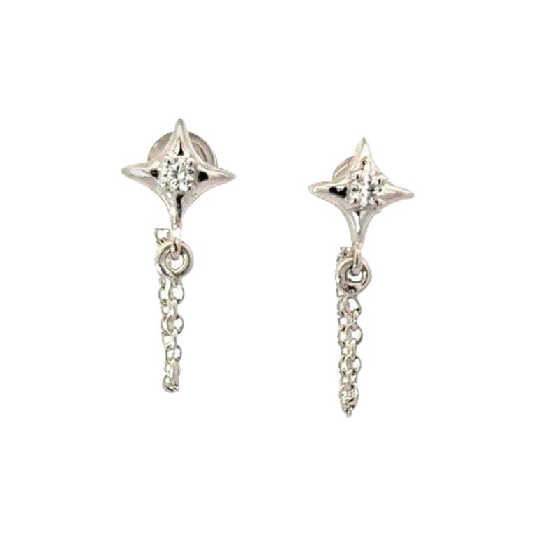 Art Deco Style Rhinestone Star Hoop Drop Chain Earrings in 925 Silver for Gift For Sale