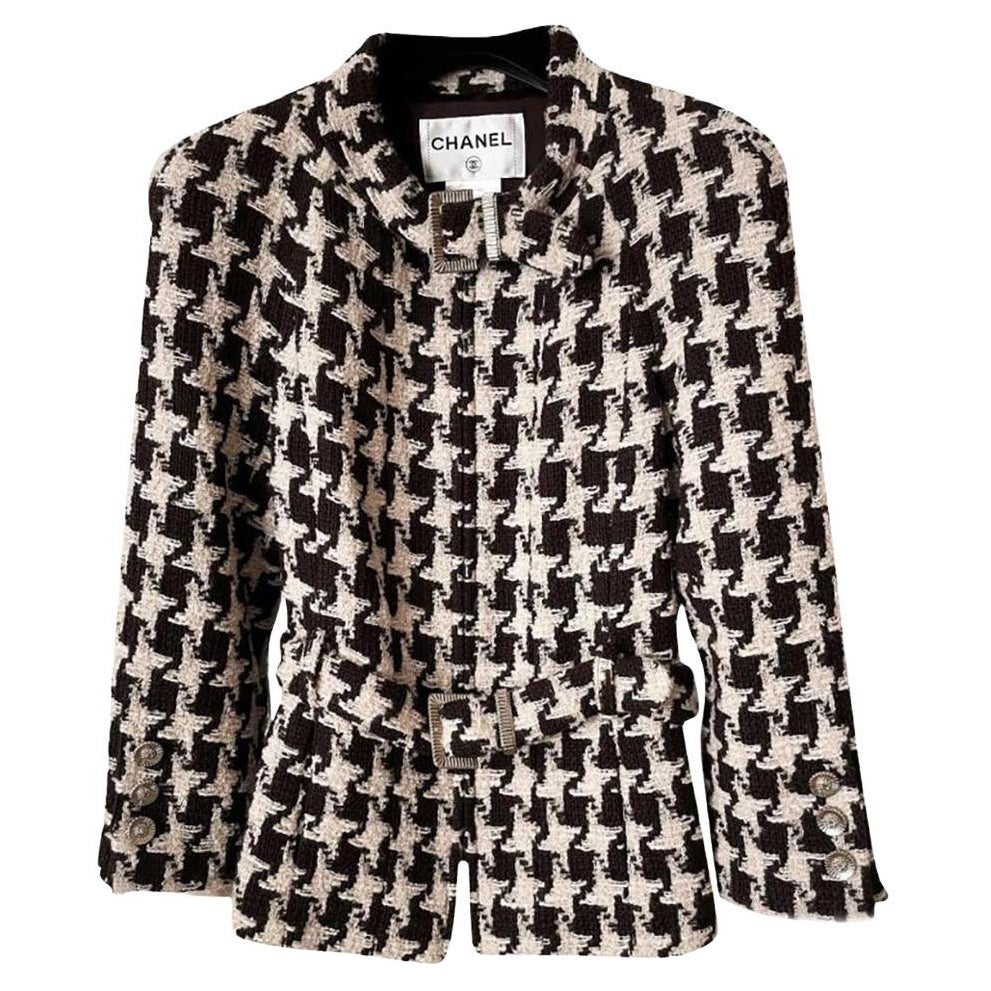 Chanel CC Chaqueta de tweed de pata de gallo con cinturón 34 FR