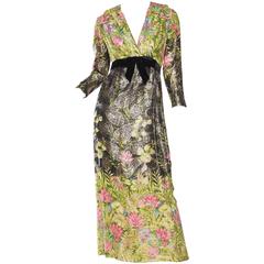 1960s 1970s Metallic Silk Floral Dress