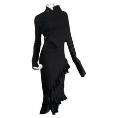 COMME DES GARÇONS fw2002 BLACK WOOL ASYMMETRICAL TWIST RUFFLES MAXI DRESS