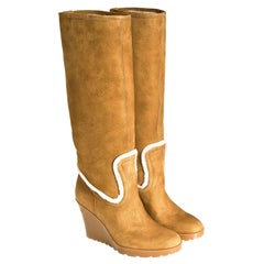 New Gucci Camel Lambskin Shearling Wedge Boots Sz 8.5