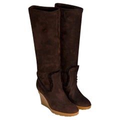 New Gucci Chocolate Brown Shearling Wedge Boots Sz 8