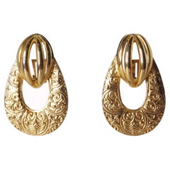 1980s French Detailed 14k Yellow Gold Plated Door Knocker Earrings