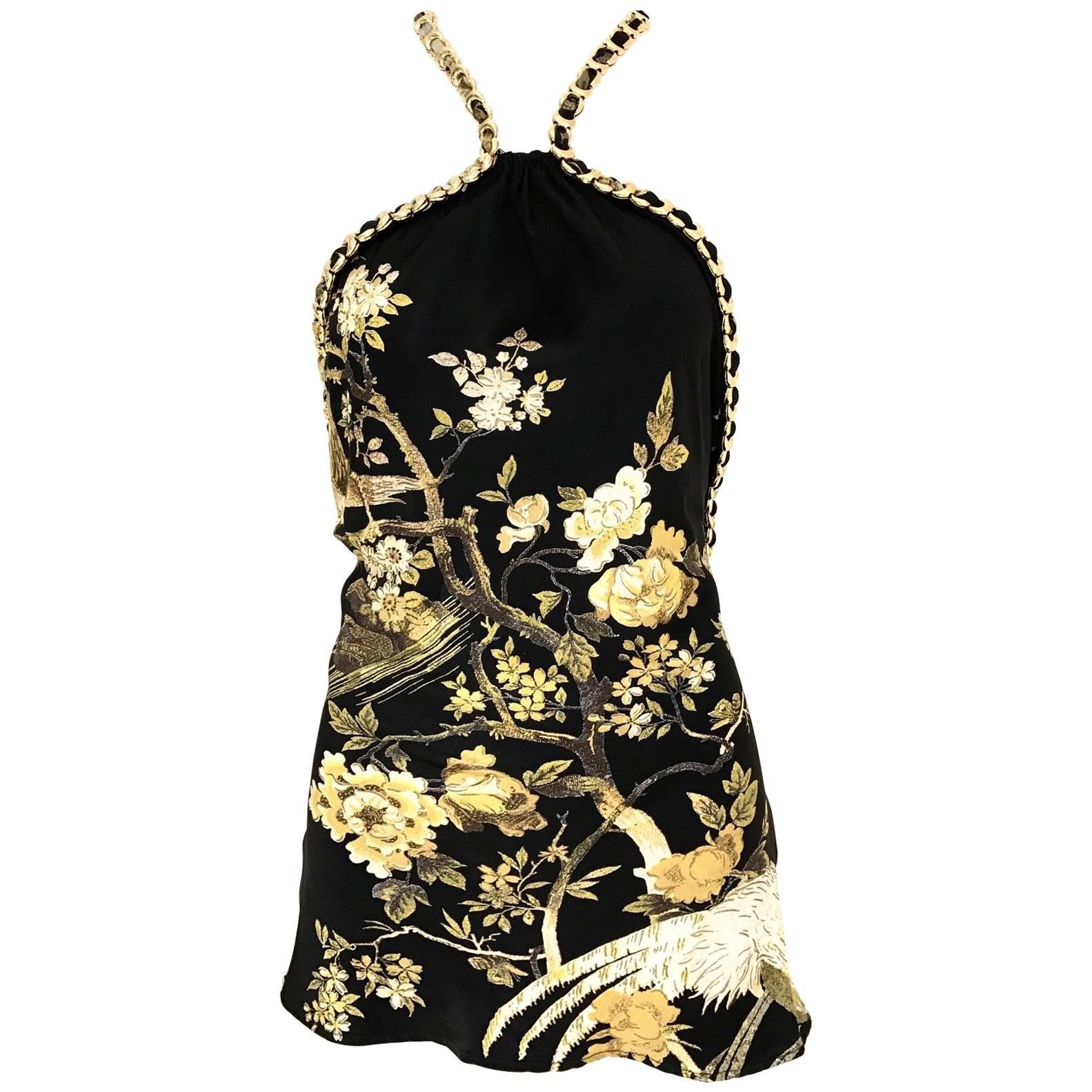 Roberto Cavalli black and gold floral print  silk print halter chain top