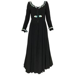 1930s Black Jersey  Long Sleeve Dress with Green Sequin beads