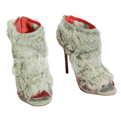 Charles Jourdan Paris Fur Stiletto Peep Toe Ankle Boots Leather Heels Gray 9 M